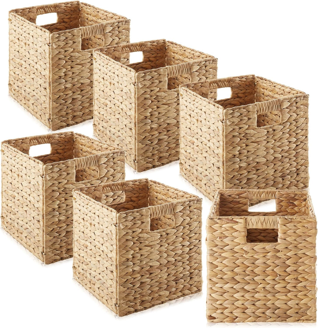 Casafield 10.5" x 10.5" Water Hyacinth Storage Baskets, Natural - Set of 6 Collapsible Cube