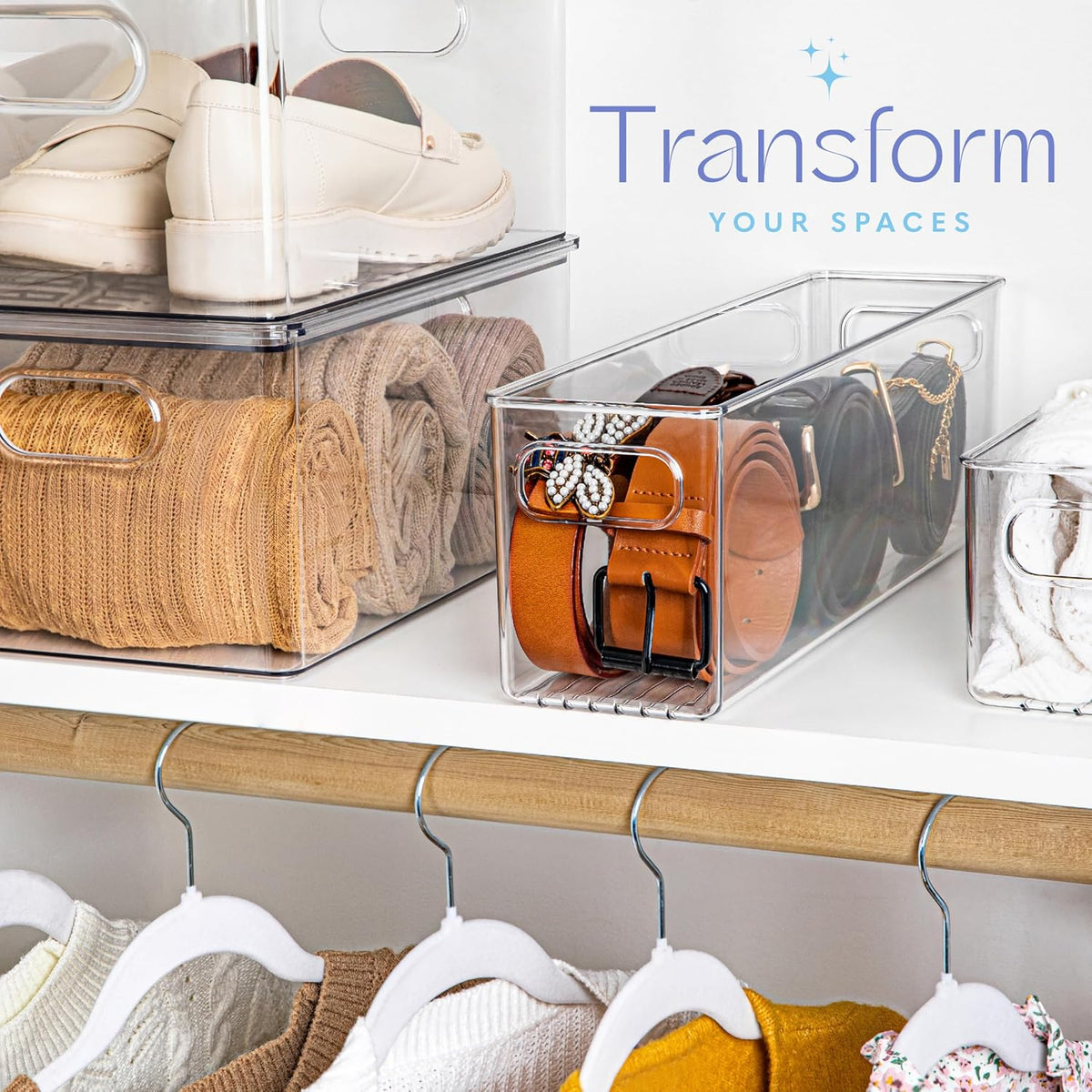 Plastic Food Storage 4 Pack Clear Container Bin with Handles for Organizing Kitchen, Pantry