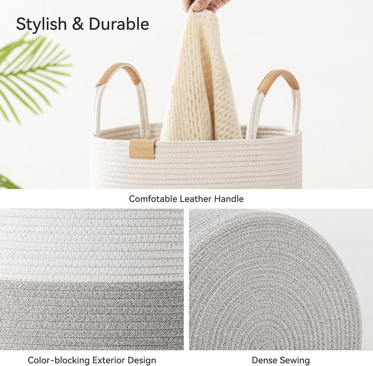 95L Striped Laundry Hamper with Leather Handles ,Large Foldable Laundry Basket for Clothes,Cotton