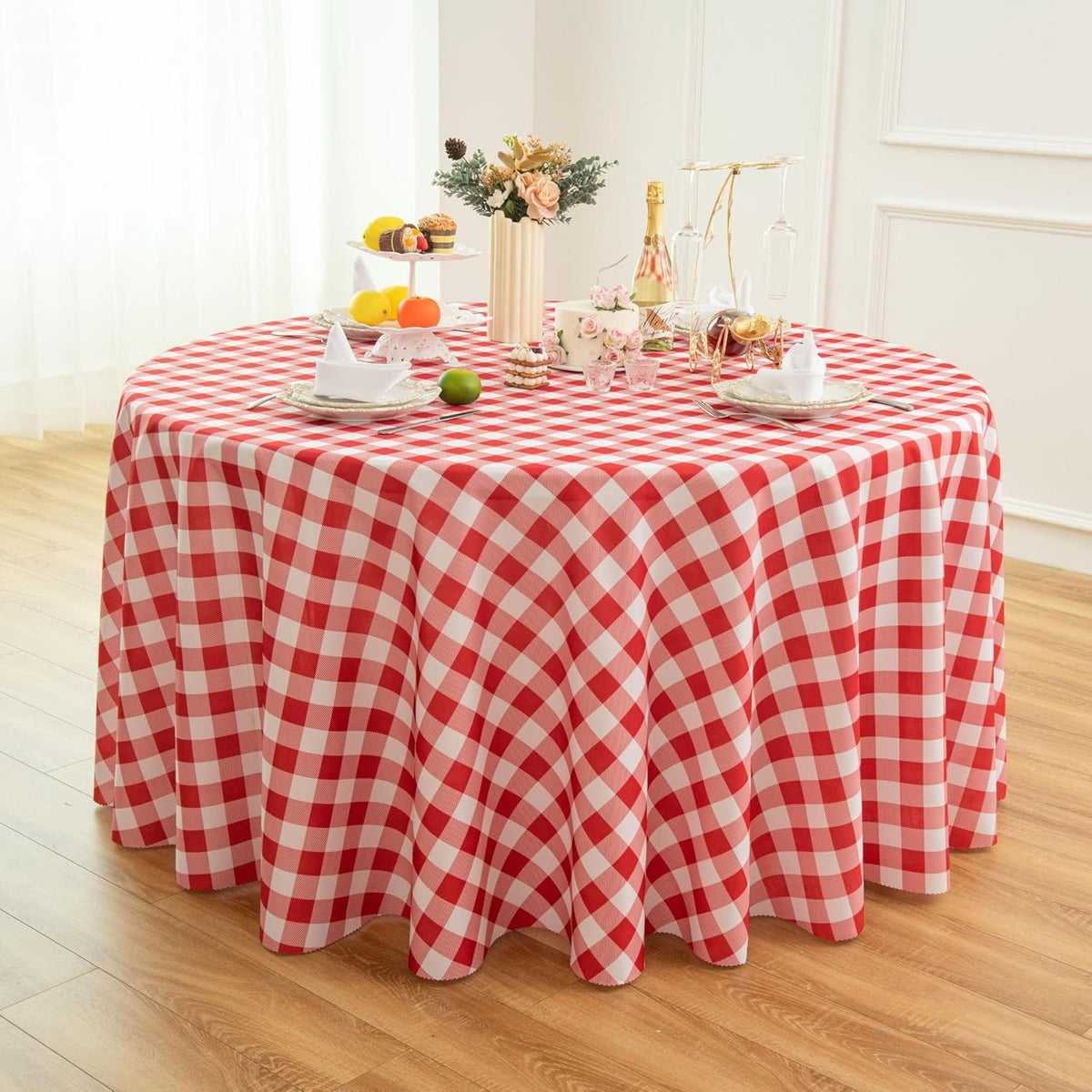 Waterproof Plaid Tablecloth Fabric - Round 120 Inch Classic Gingham Checker Table Cloth for