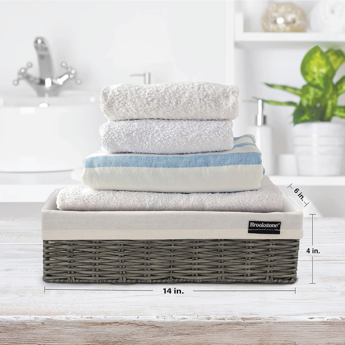 Brookstone Wicker Shelf Storage Basket Decorative Shelf Bin, bathroom organizers and storage, Boho
