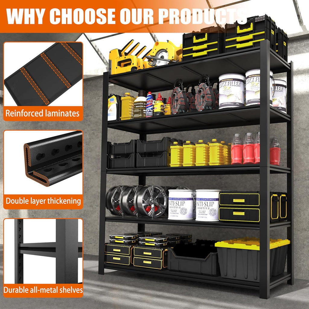84“H Garage Shelving Heavy Duty Storage Shelves 3000 LBS Adjustable 5 Tier Metal Shelving Uints and