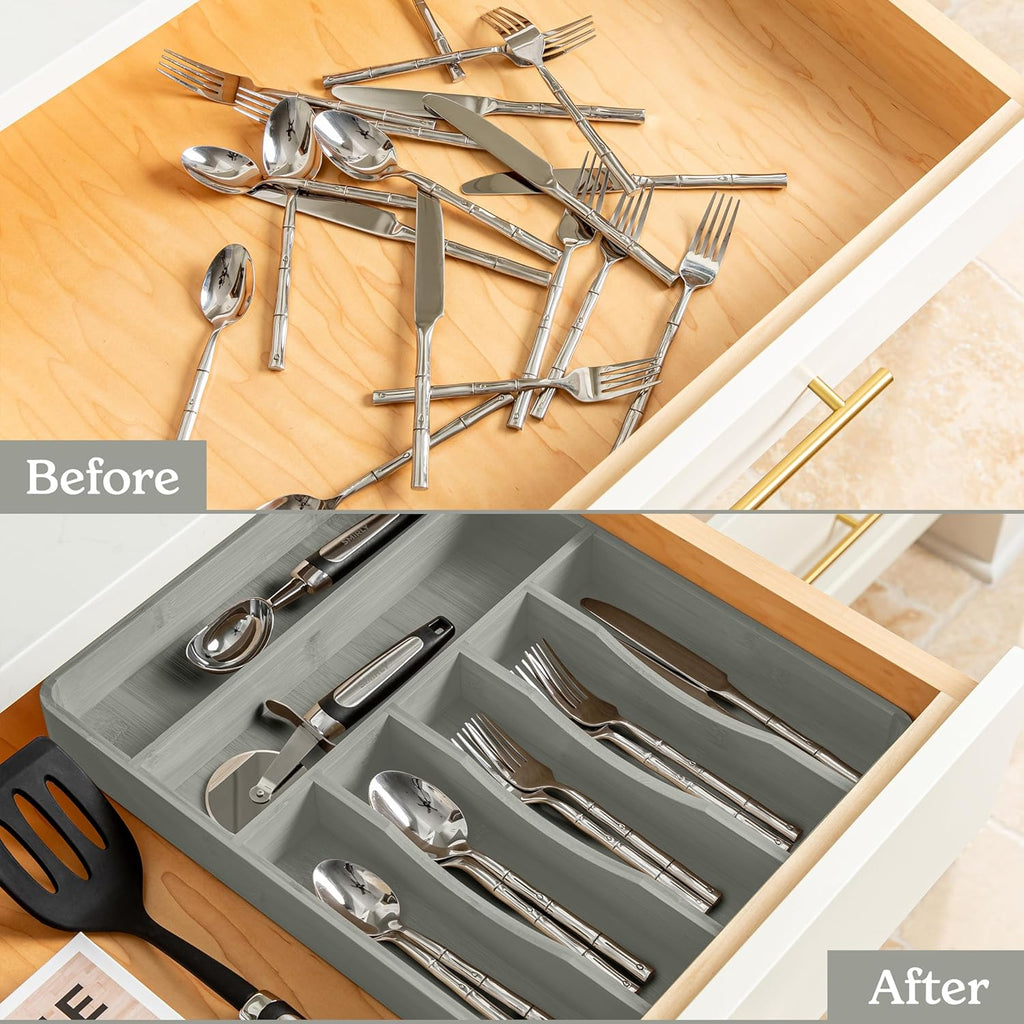 SMIRLY Silverware Drawer Organizer – Bamboo Kitchen Drawer Organizer, Adjustable Utensil Holder and