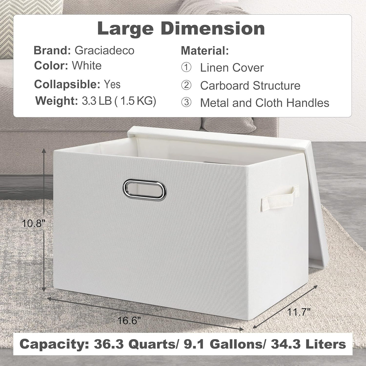 Large 17" 36 Quart Collapsible Stackable Storage Bins with Lids, 1 Pack White Foldable Fabric