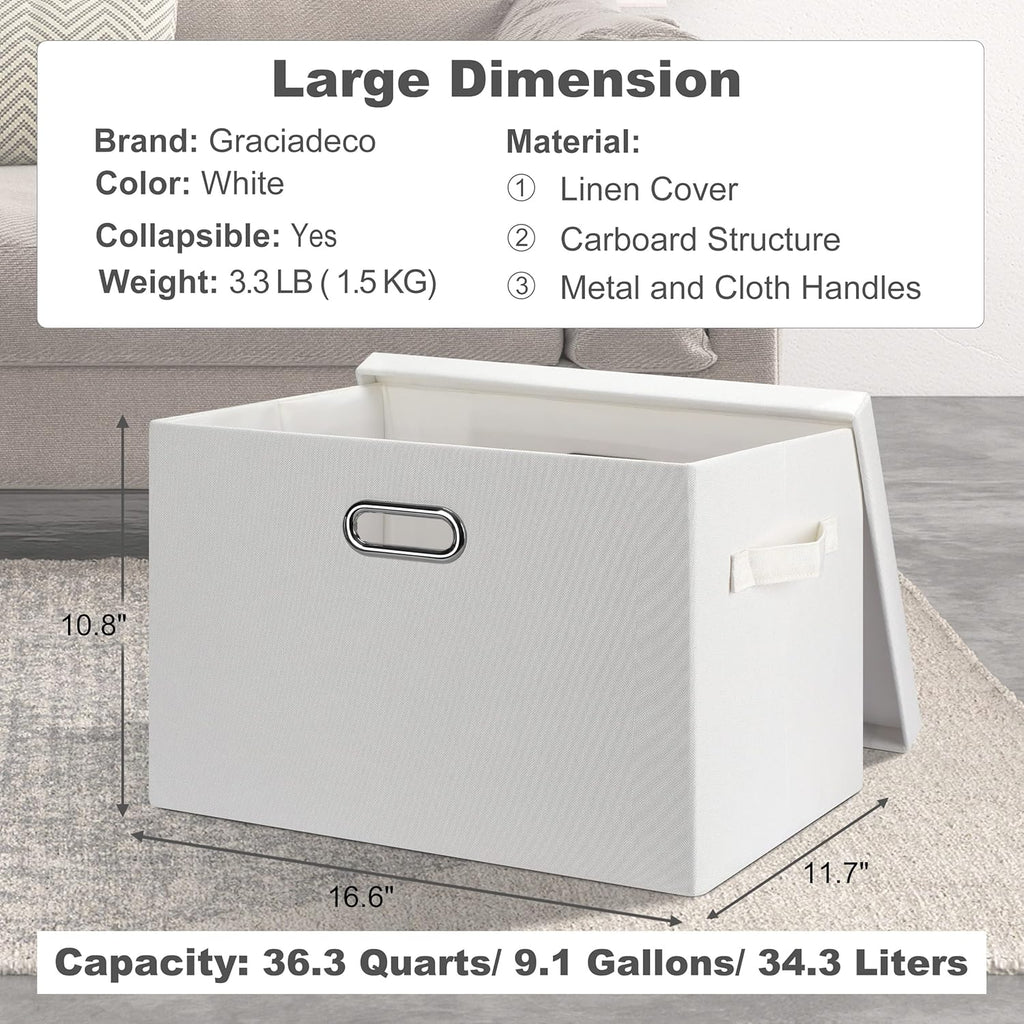 Large 17" 36 Quart Collapsible Stackable Storage Bins with Lids, 3 Packs White Linen Fabric Closet