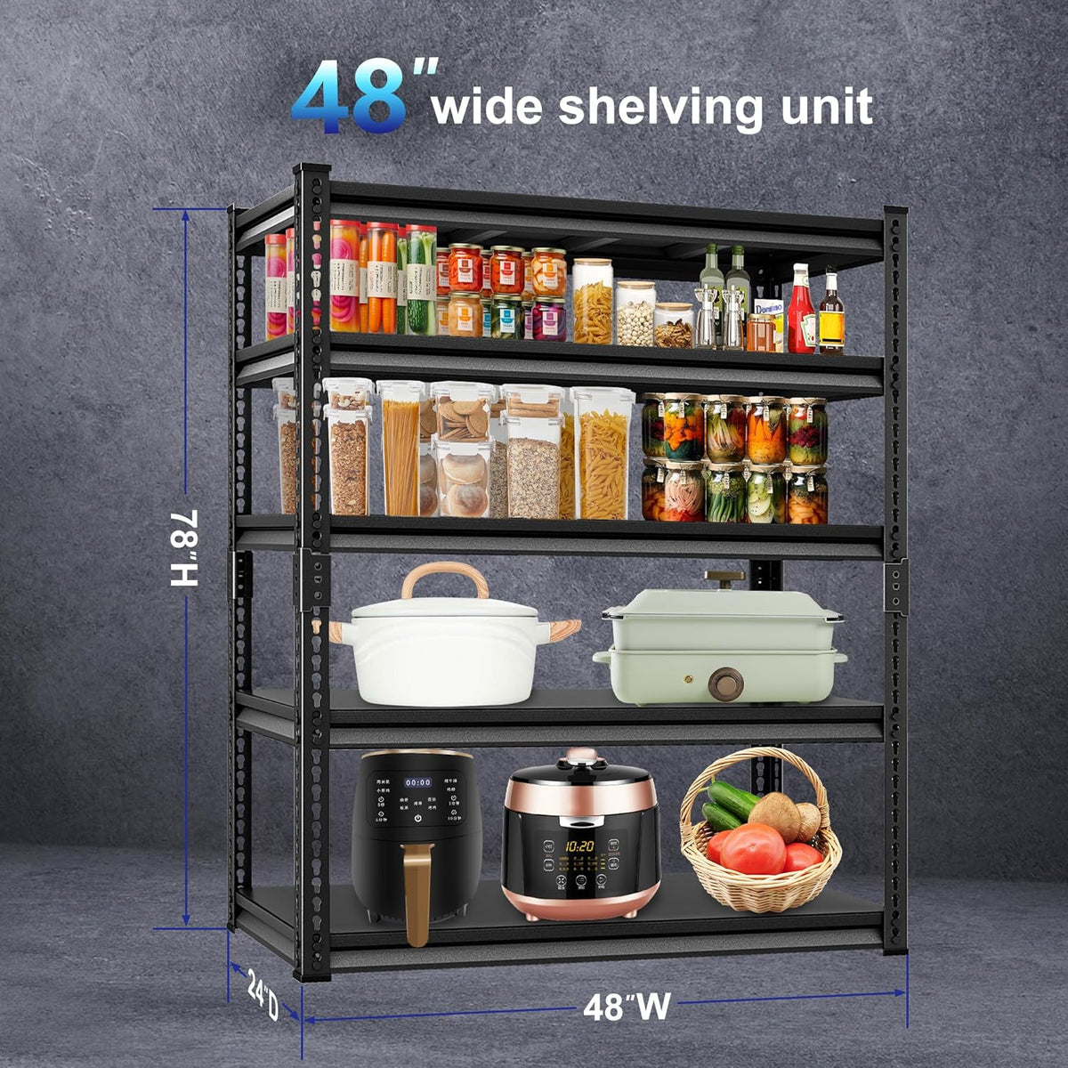 Adjustable Garage Storage Shelves, 48''W Garage Shelving Heavy Duty Loads 30000LBS, Metal