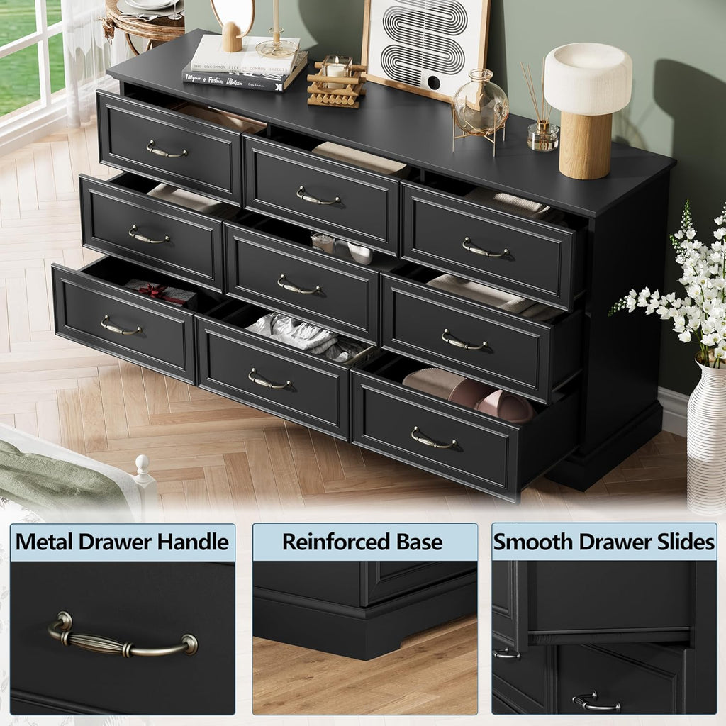 9 Drawer Dresser for Bedroom, 63" Wide Wooden Chest of Drawers, Rustic Farmhouse Dresser with Large