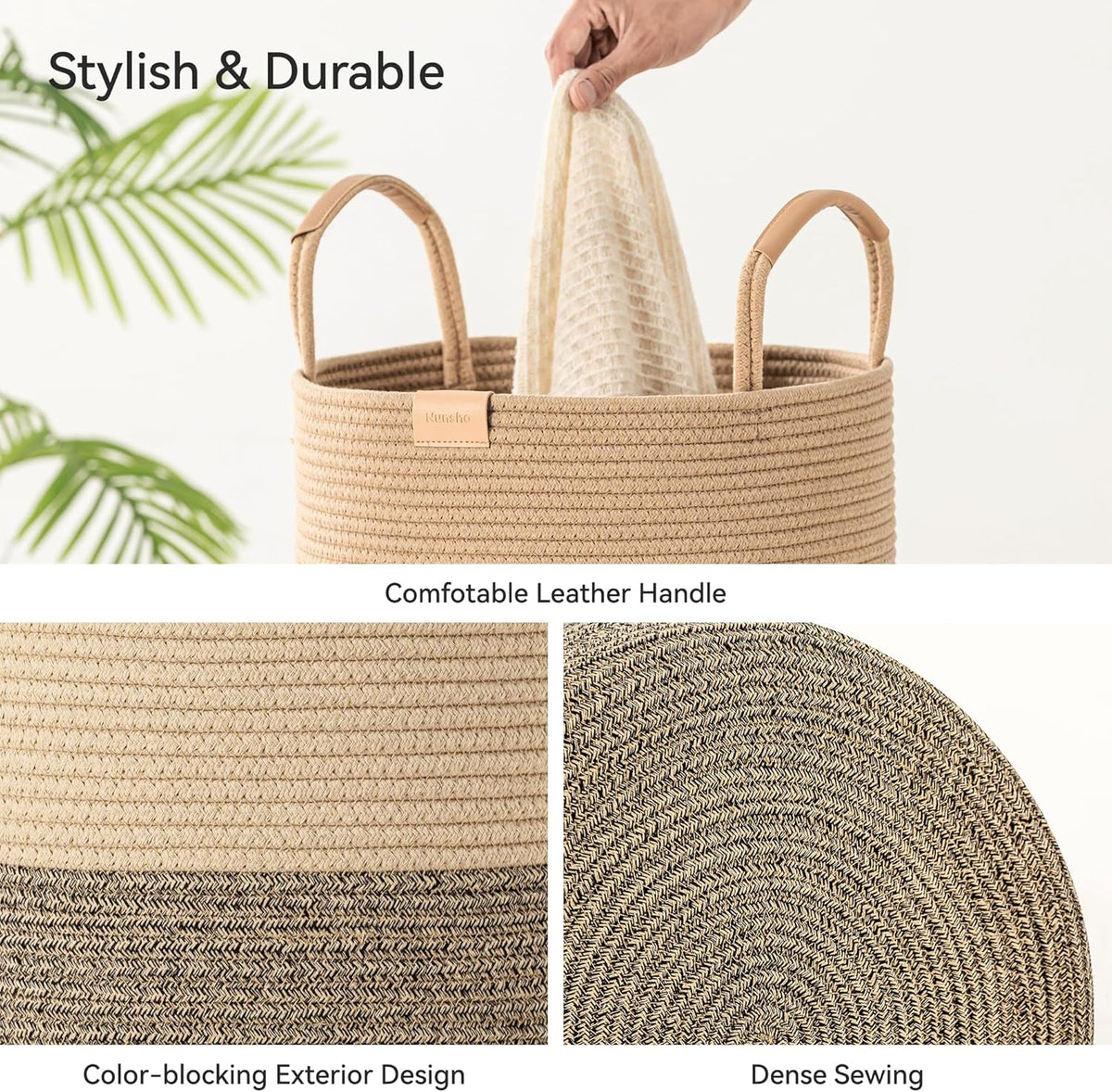 95L Striped Laundry Hamper with Leather Handles,Large Foldable Laundry Basket for Clothes,Cotton