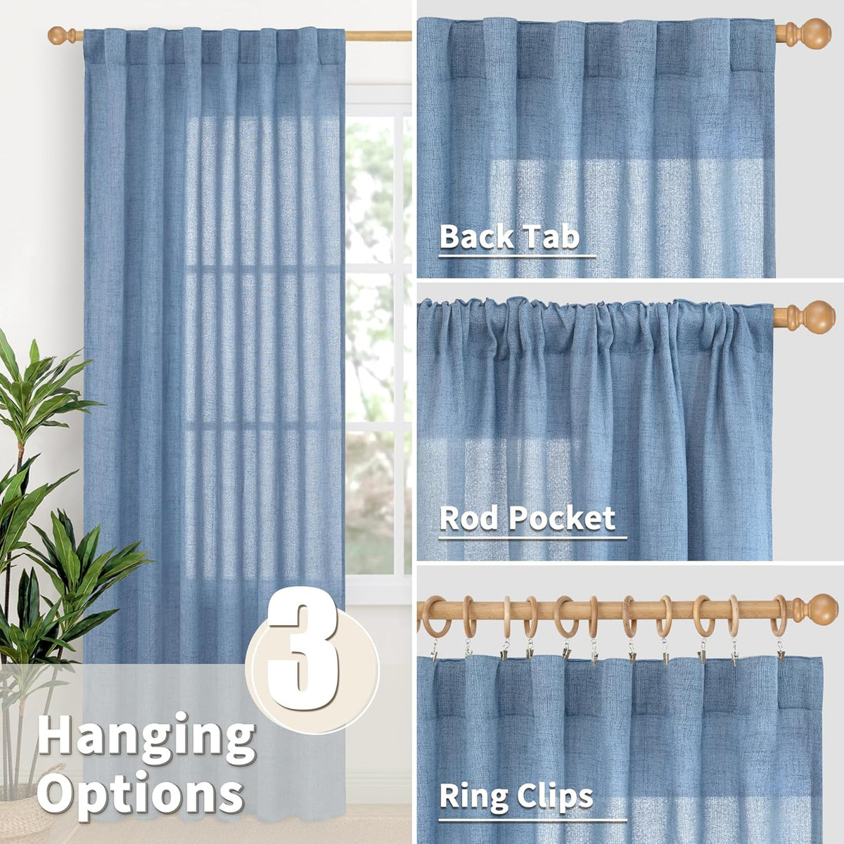 YoungsTex Denim Blue Linen Curtains 36 Inches Long for Bathroom Window, Small Drapes Light