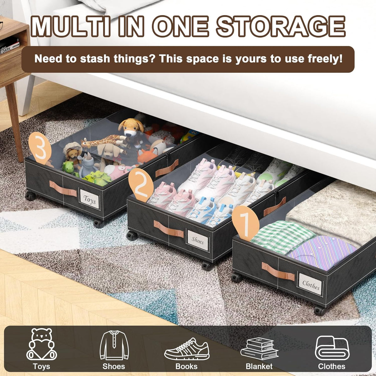 Under Bed Storage with Wheels, 2-Pack Under Bed Storage Containers with Clear Lids, XXL 65L Under