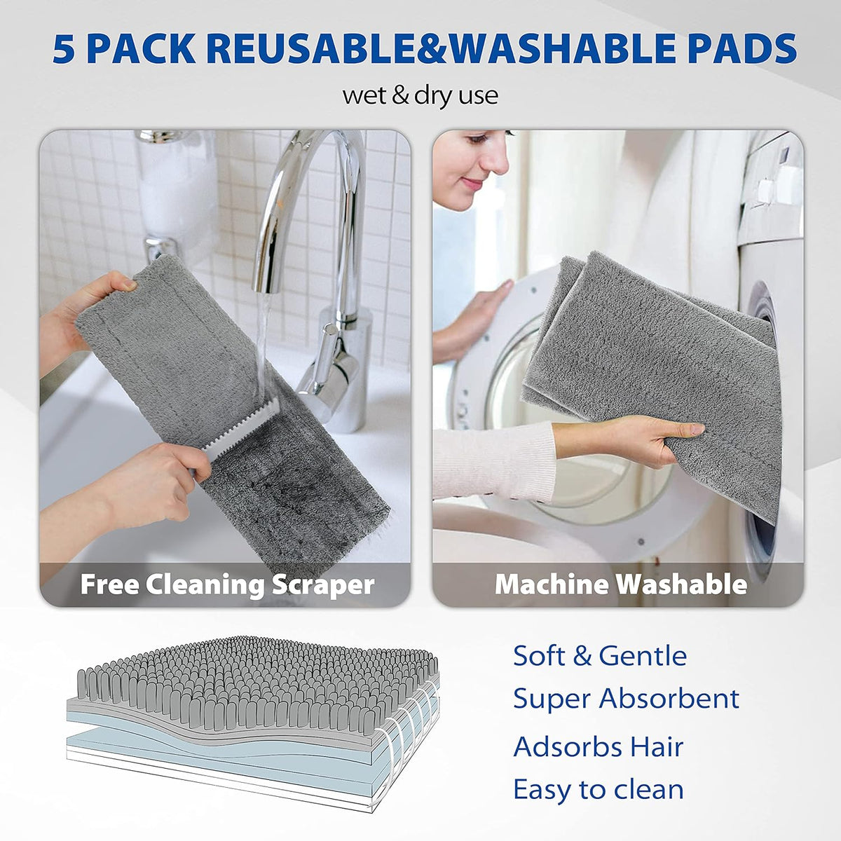 Professional Microfiber Hardwood Floor Mop, Flat Mops with 5 Pieces Reusable Washable Pads for Home
