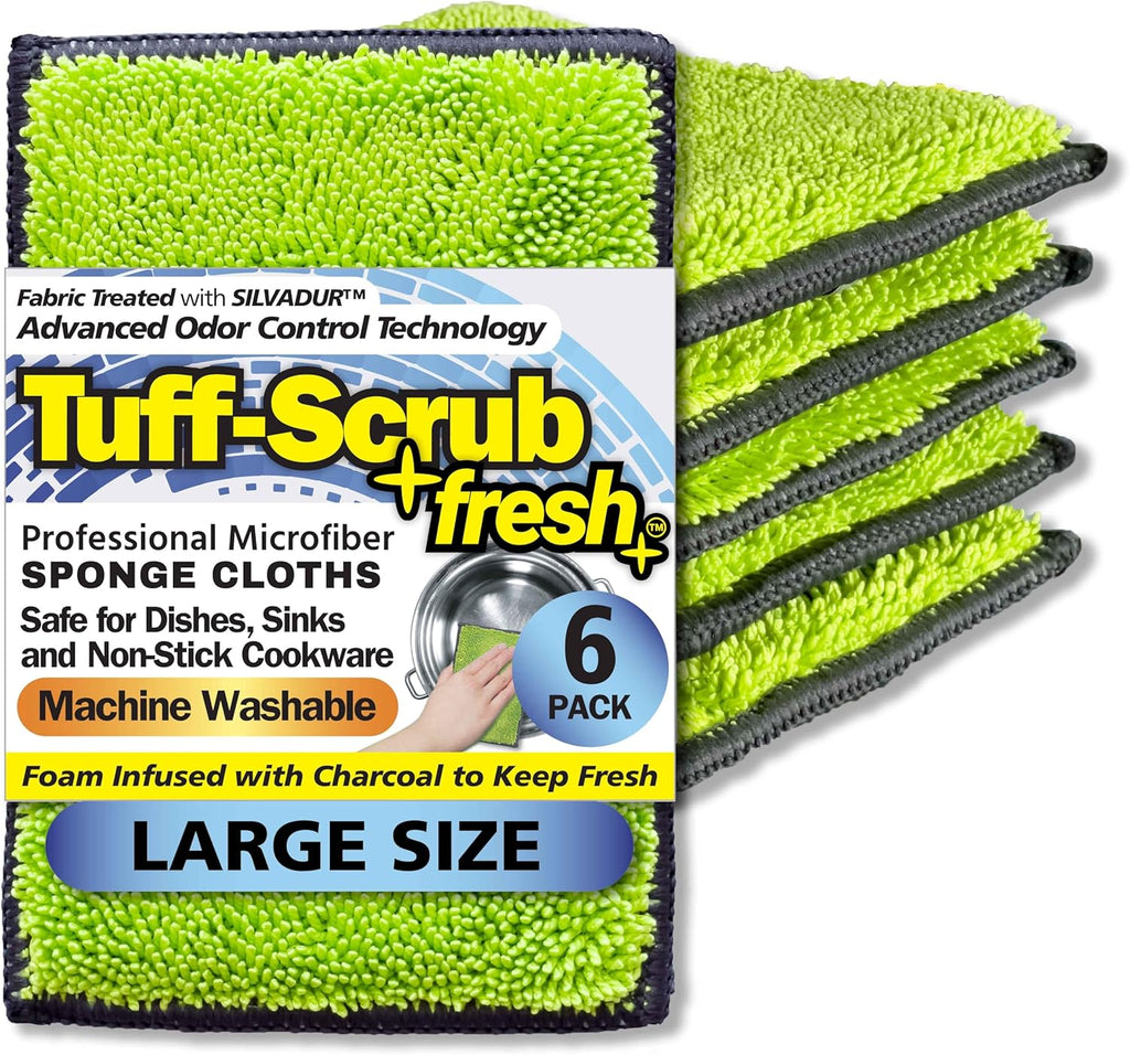 Fresh Tuff-Scrub, Large, 6-Pack Scrub-N-Wipe Sponge Cloth with Silvadur Antimicrobial for Odor