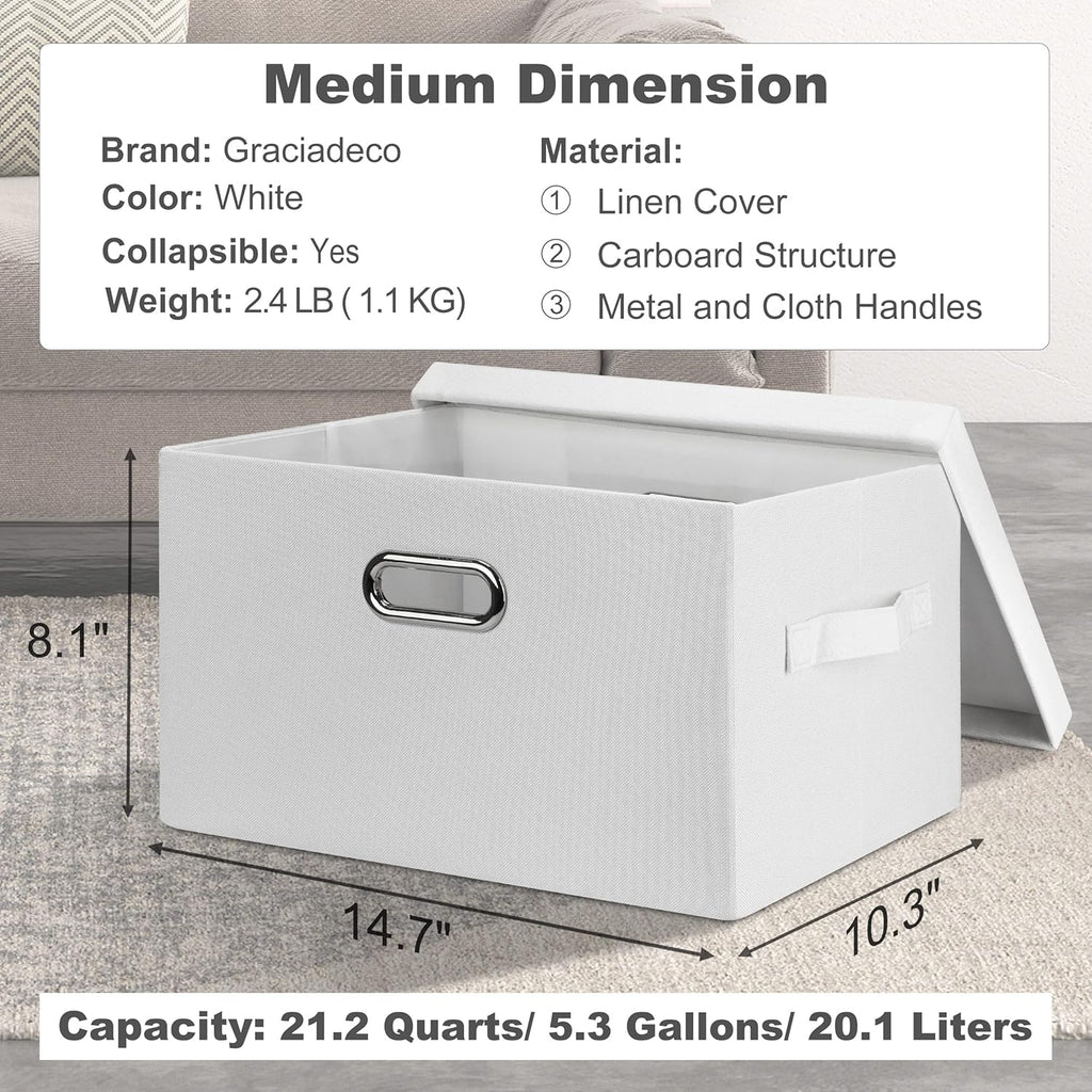 Medium 15" 21 Quart Collapsible Stackable Storage Bins with Lids, 1 Pack White Foldable Fabric
