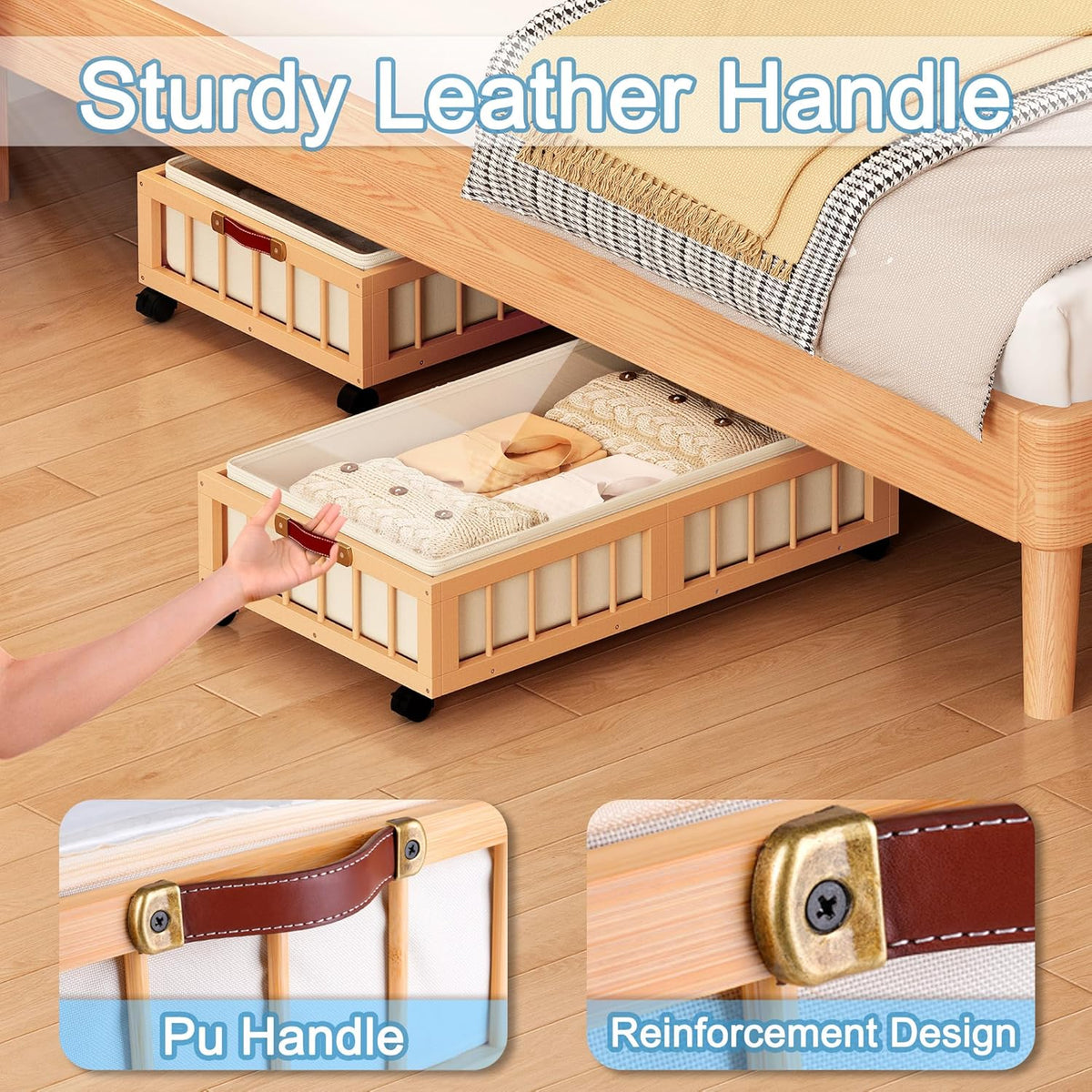 efluky 2-Pack Bamboo Under Bed Storage Containers with Wheels, Under Bed Clothes Storage Basket