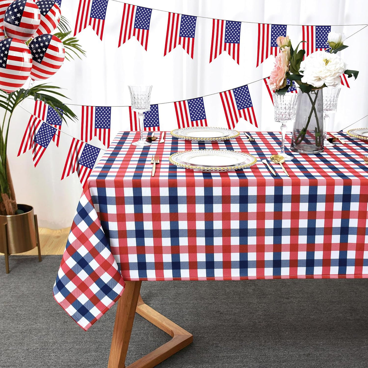 Classic Gingham 4th of July Tablecloth Fabric - Oblong 58x144 Inch Patriotic Party Table Cloth for