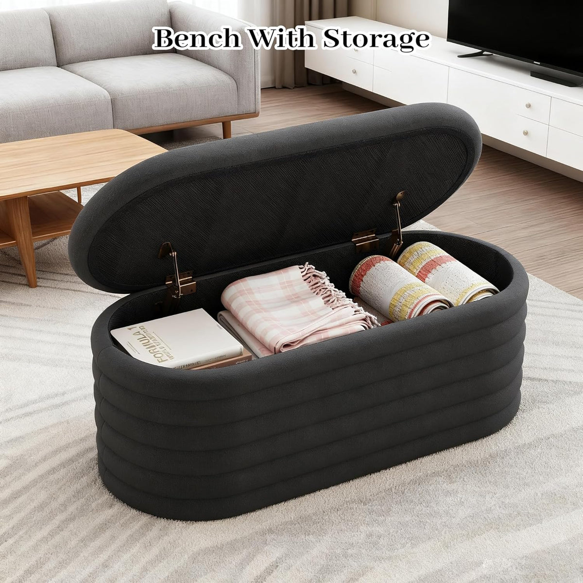 Storage Ottoman Bench, 40" Storage Bench, Upholstered Fabric Storages Benches End of Bed Stool with