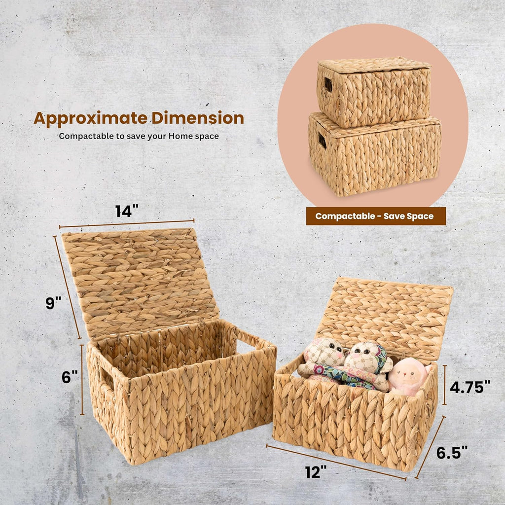 Wicker Storage Baskets with Lid, Set 2 Basket With Lid Decorative Storage Rectangle Wicker Storage