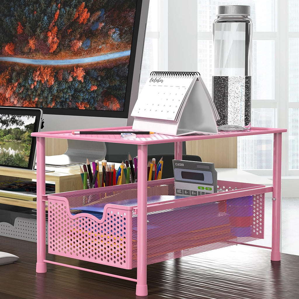 Simple Houseware Stackable Under Sink Cabinet Sliding Basket Organizer Drawer, Pink
