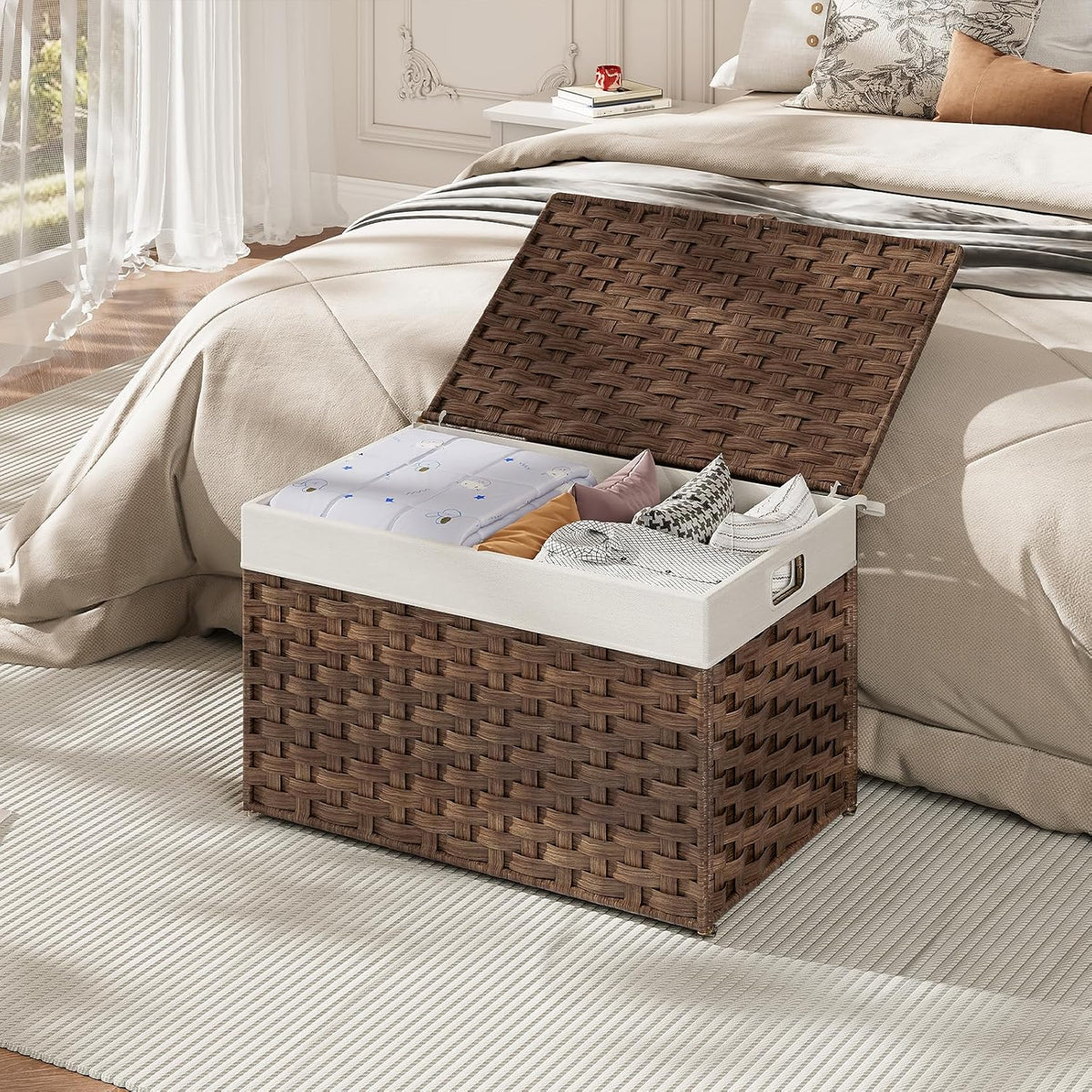 HOOBRO Storage Basket with Lid, 17.2 Gallon (65L) Wicker Basket, Handwoven Blanket Storage Basket