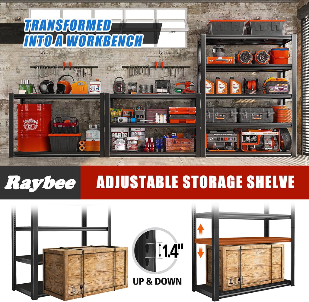 Raybee Garage Shelving 2000LBS Storage Shelves Adjustable Metal Shelves 5 Tier Heavy Duty Shelving