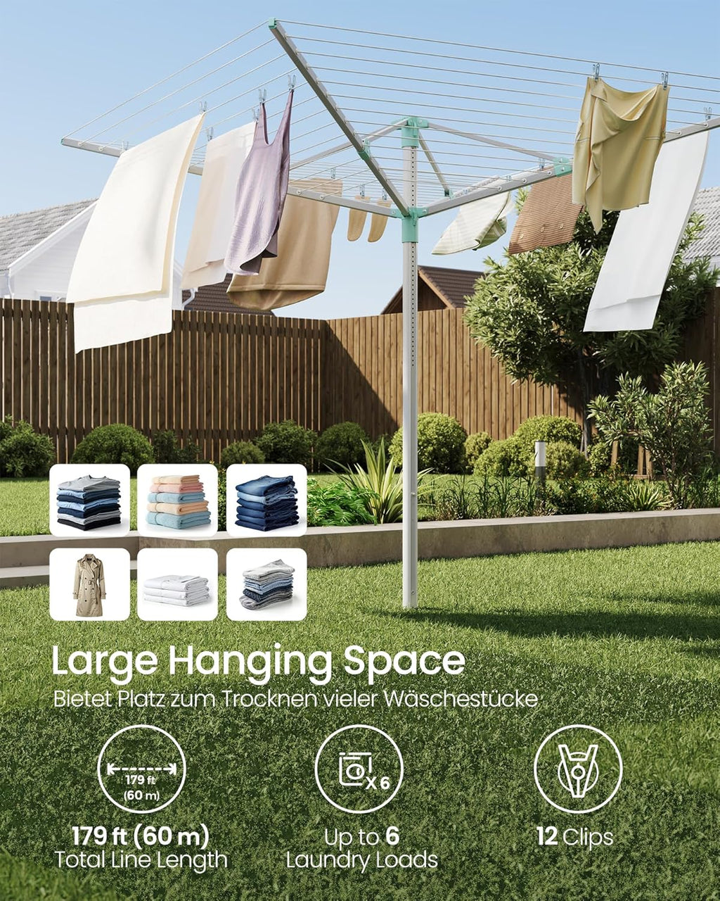 SONGMICS Umbrella Drying Rack, Retractable Outdoor Drying Rack, Height Adjustable, 197 ft Long