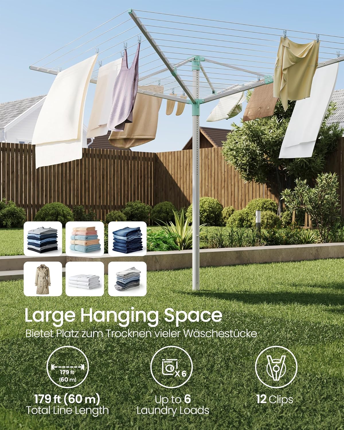SONGMICS Umbrella Drying Rack, Retractable Outdoor Drying Rack, Height Adjustable, 197 ft Long