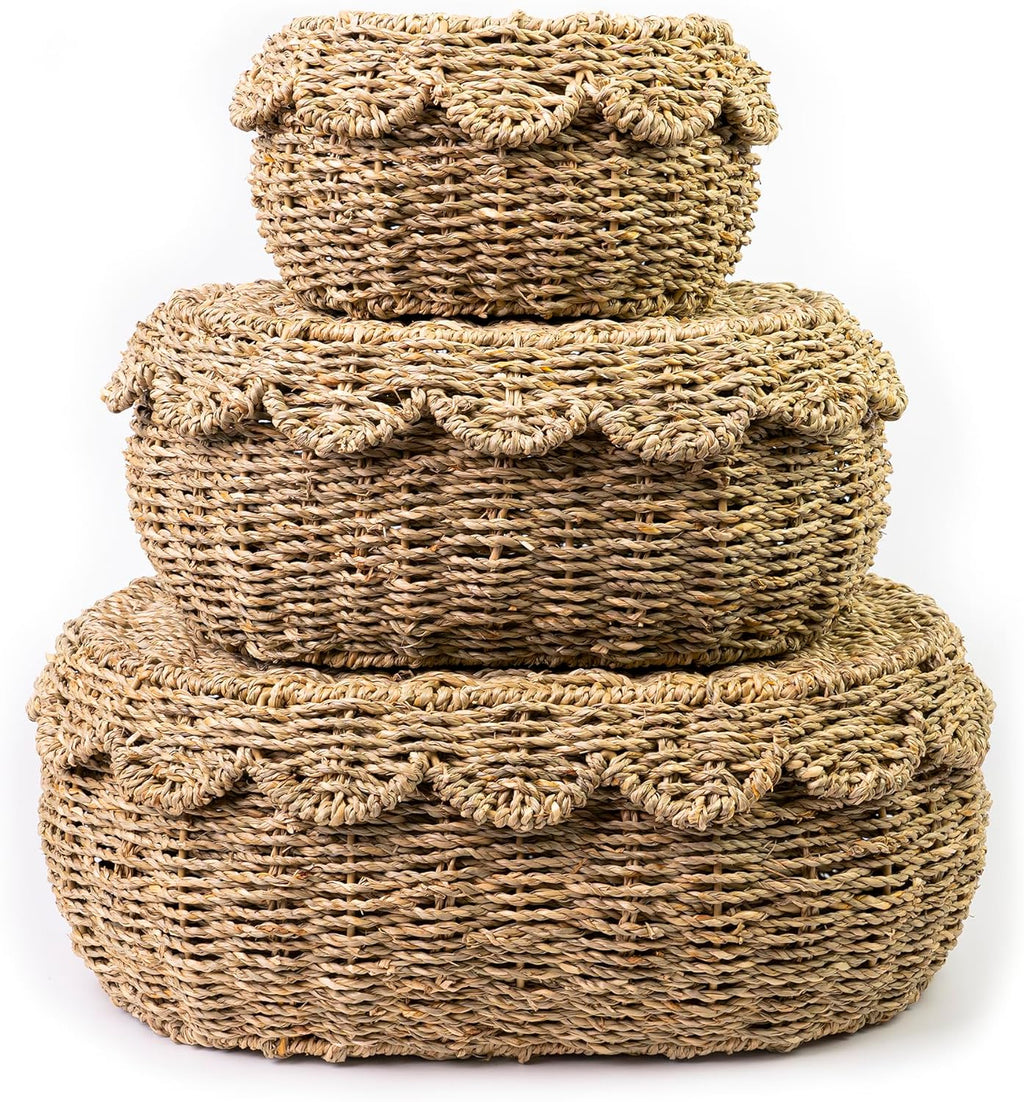 KOLWOVEN Set of 3 Wicker Storage Baskets with Lid - Decorative Handwoven Rattan Baskets for