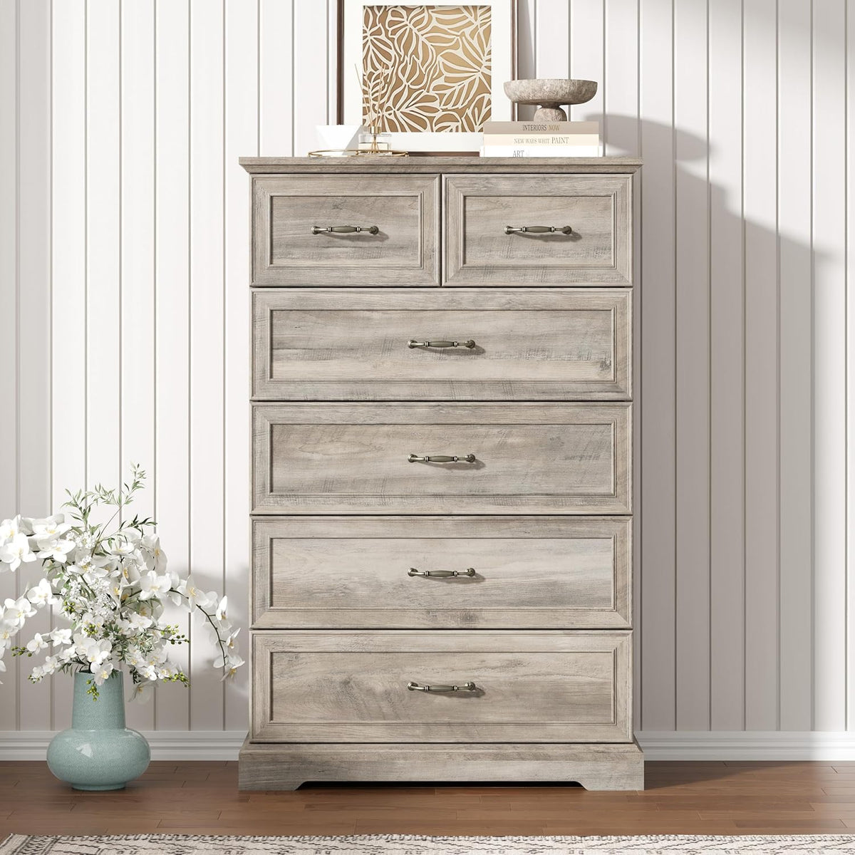 6 Drawer Dresser for Bedroom, 49" Tall Wooden Chest of Drawers, Rustic Farmhouse Dresser with Large