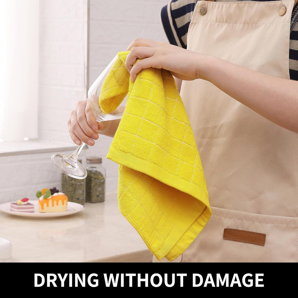 Homaxy 100% Cotton Terry Kitchen Towels(Yellow, 13 x 28 inches), Checkered Designed, Soft and Super