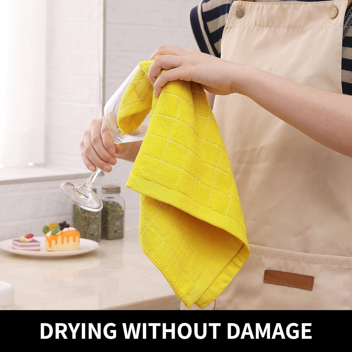Homaxy 100% Cotton Terry Kitchen Towels(Yellow, 13 x 28 inches), Checkered Designed, Soft and Super