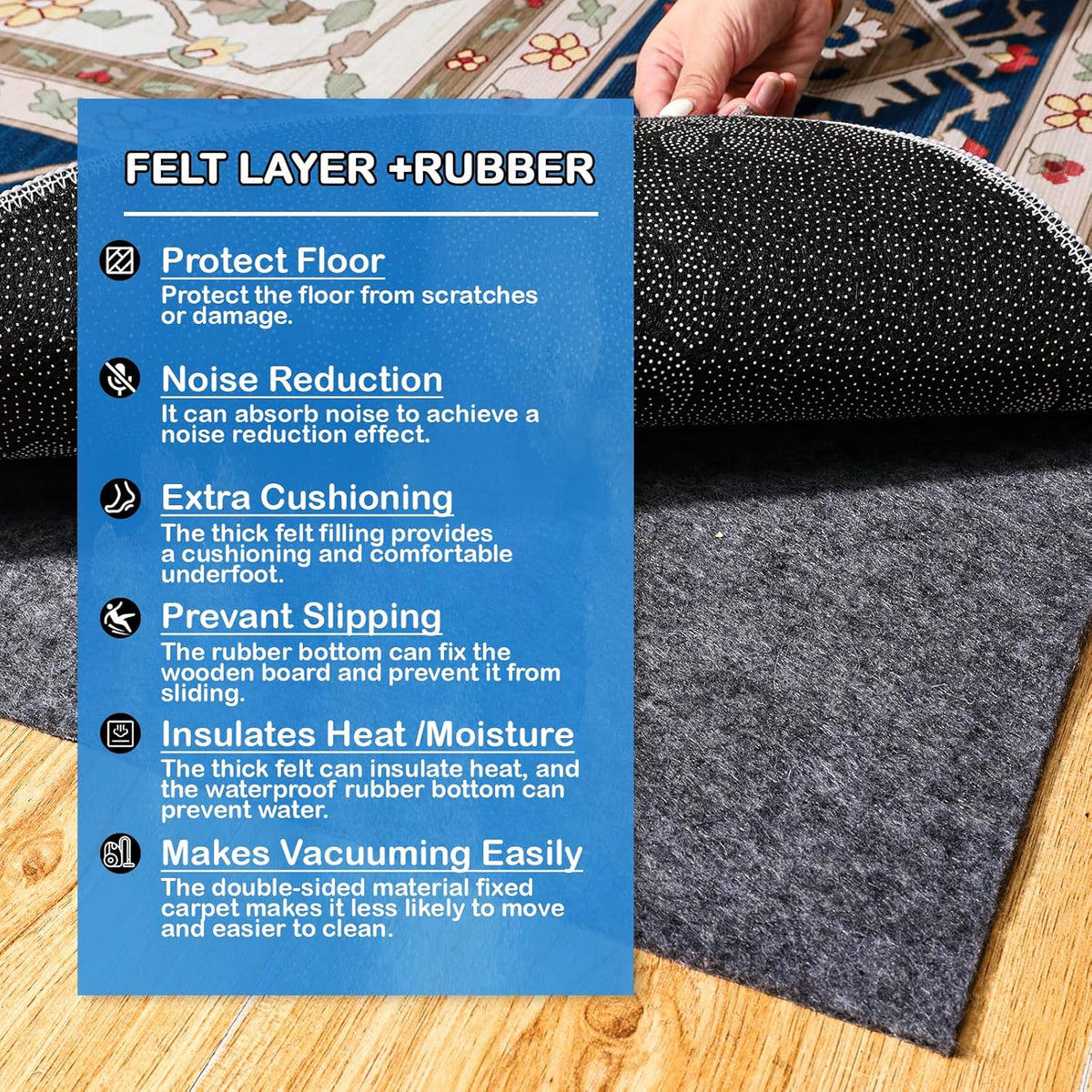 Non-Slip Rug Pads 5 x 7 ft, 100% Waterproof Extra Large Area Rugs Non Skid Rug Pad for All Floors