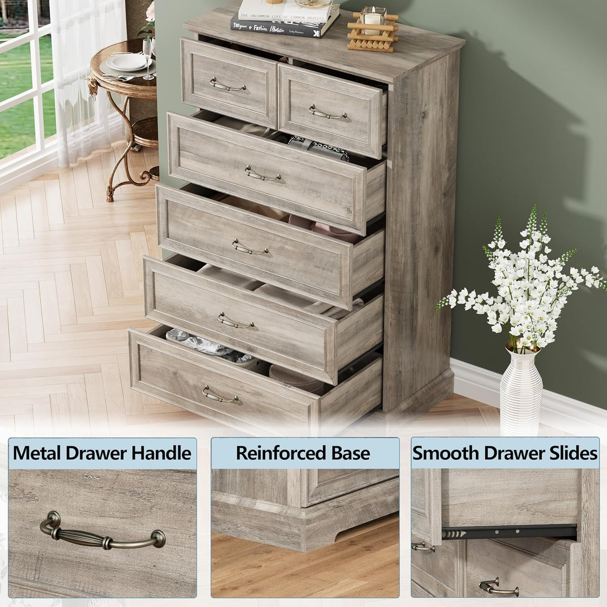 6 Drawer Dresser for Bedroom, 49" Tall Wooden Chest of Drawers, Rustic Farmhouse Dresser with Large
