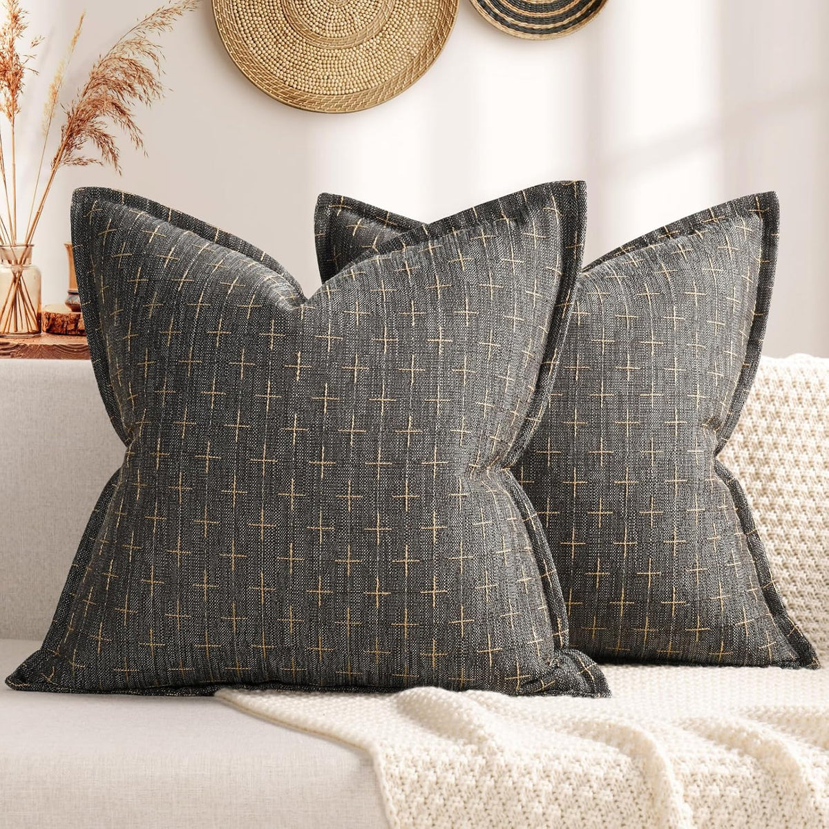 ZWJD Pillow Covers 24x24 Set of 2 Soft Polyester Textured Pillow Covers with Stylish Flange Edge