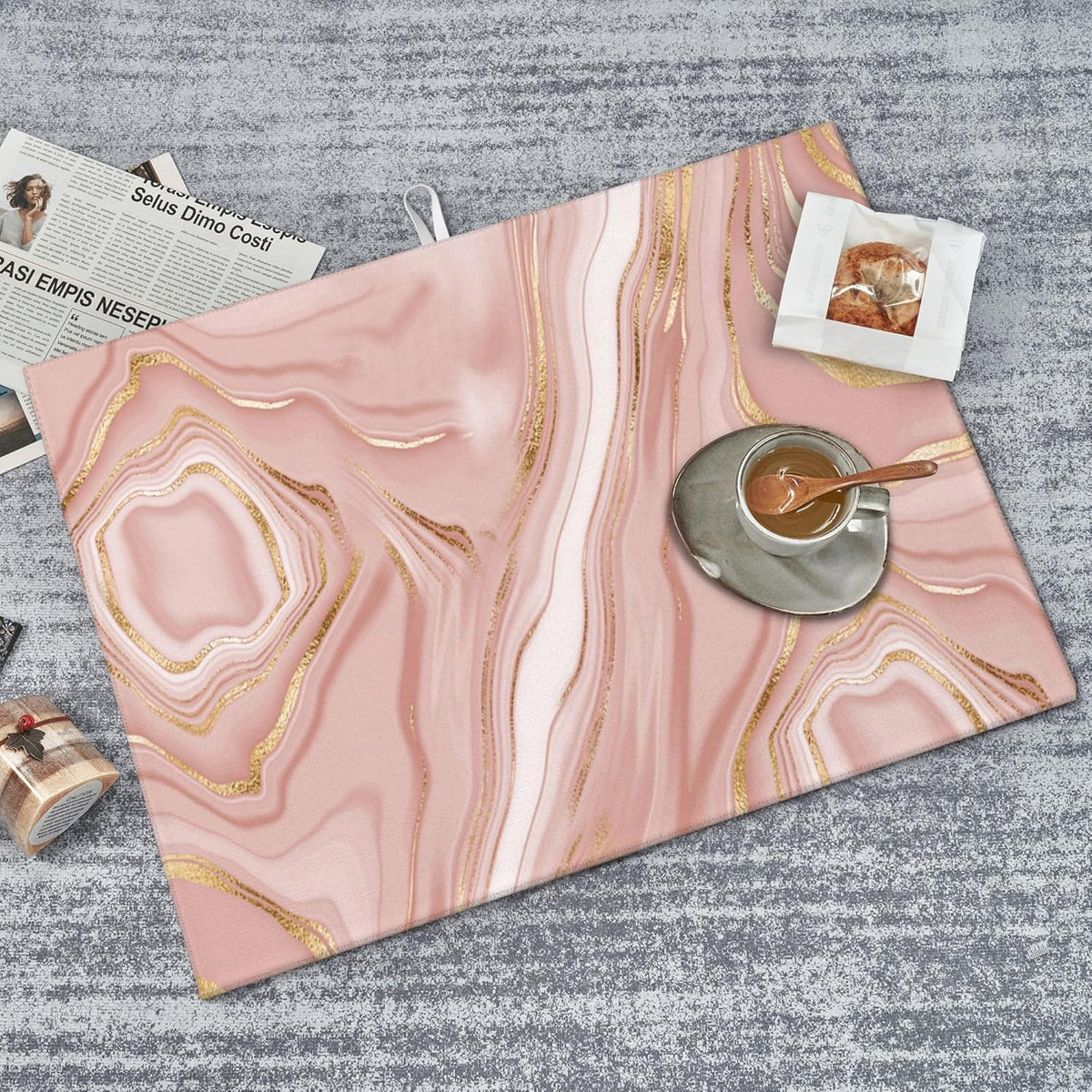 Pink Golden Dish Drying Mat for Kitchen Counter Absorbent Reversible Rose Pink Modern Drying Pad