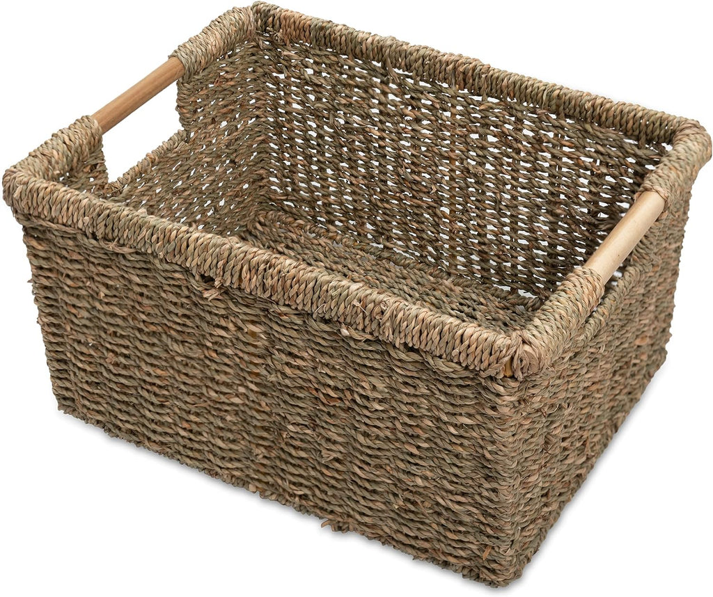 Large Wicker Storage Basket with Wooden Handles, Seagrass Basket for Shelves, Natural Wicker Bin