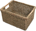 Large Wicker Storage Basket with Wooden Handles, Seagrass Basket for Shelves, Natural Wicker Bin