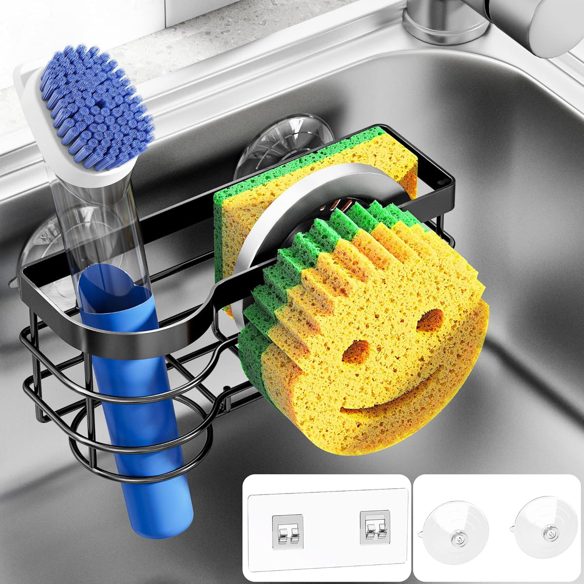 Cisily Smiley Sponge Holder for Kitchen Sink Caddy, Stainless Steel Movable Brush Holder Dish Cloth