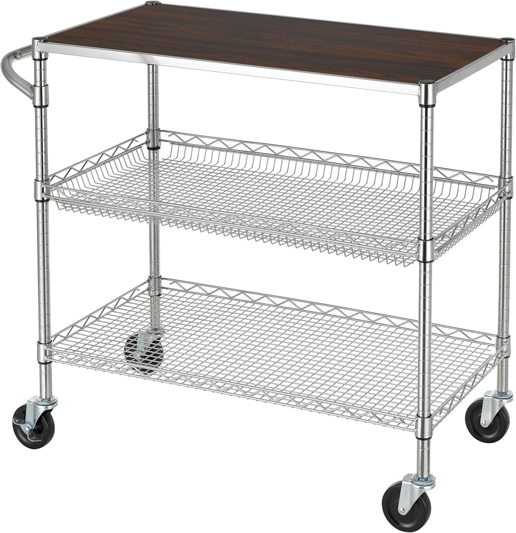 Finnhomy 3 Tier Heavy Duty Commercial Grade Utility Cart with Wood Top, Wire Rolling Cart with