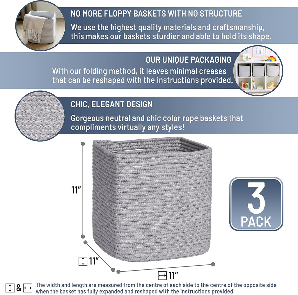 NaturalCozy Storage Cubes 11 Inch Cotton Rope Woven Baskets for Organizing, 3-Pack | Cube Storage