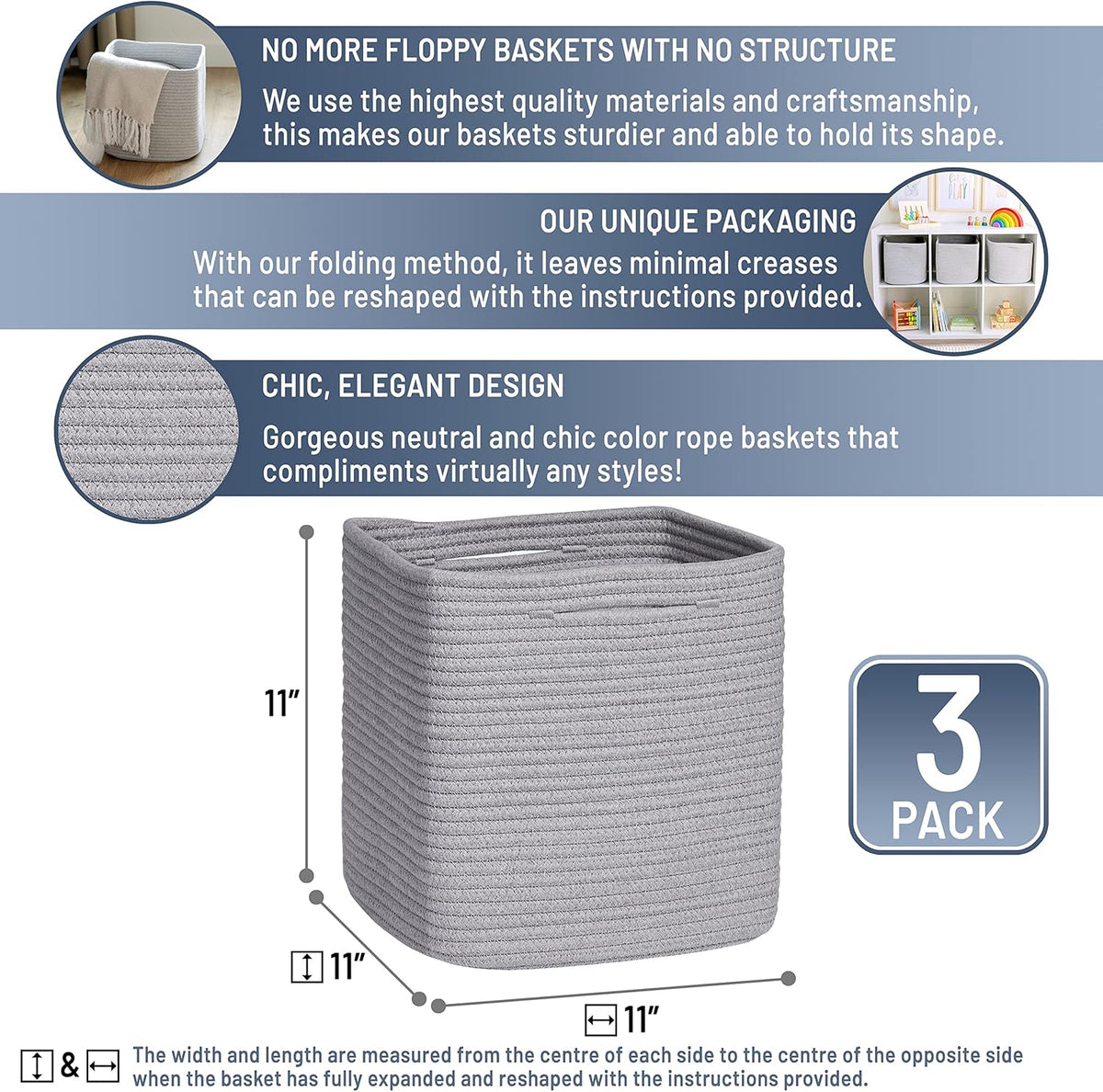 NaturalCozy Storage Cubes 11 Inch Cotton Rope Woven Baskets for Organizing, 3-Pack | Cube Storage