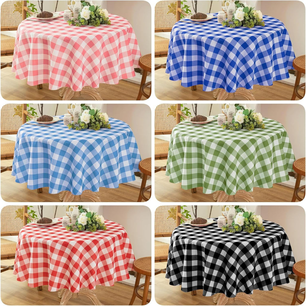 Waterproof Plaid Tablecloth Fabric - Round 90 Inch Classic Gingham Checker Table Cloth for