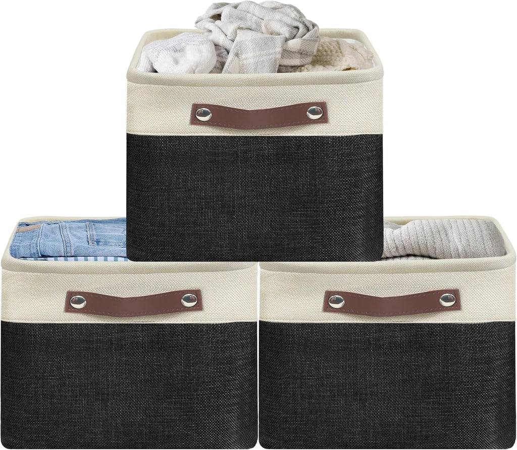 SIMPLE HOUSEWARE Large Fabric Storage Bin, 15" x 11" with Leather Like Handles, 3 Pack, Black