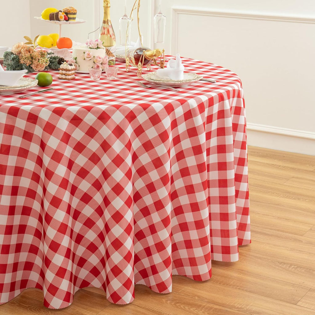Waterproof Plaid Tablecloth Fabric - Round 120 Inch Classic Gingham Checker Table Cloth for