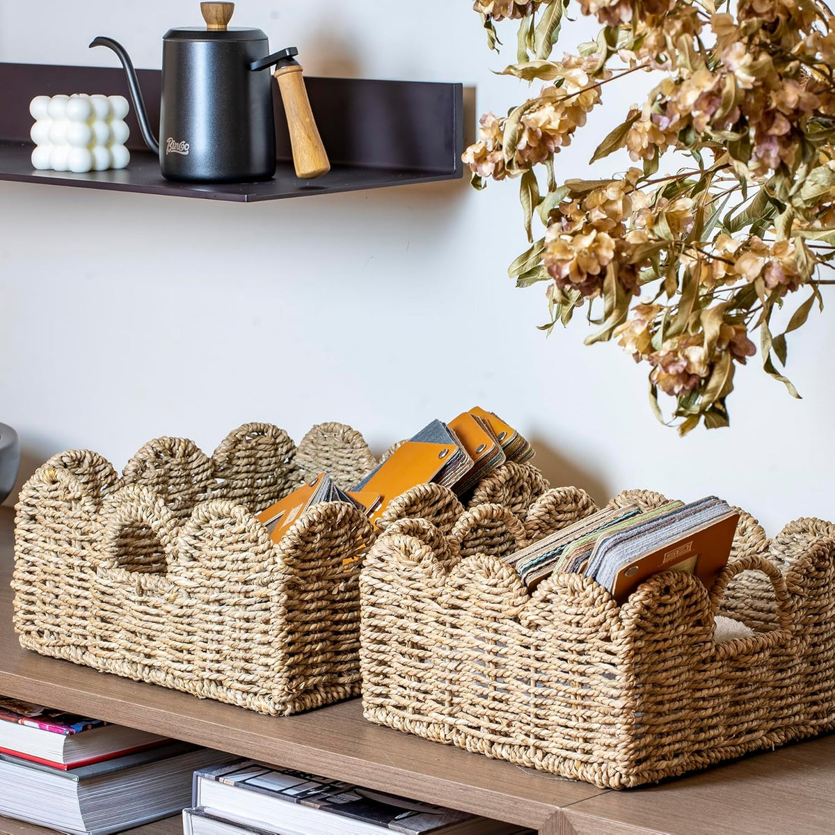 Scalloped Basket 2 Pack Wicker & Rattan Storage with Built-in Handles, Decorative Woven Seagrass