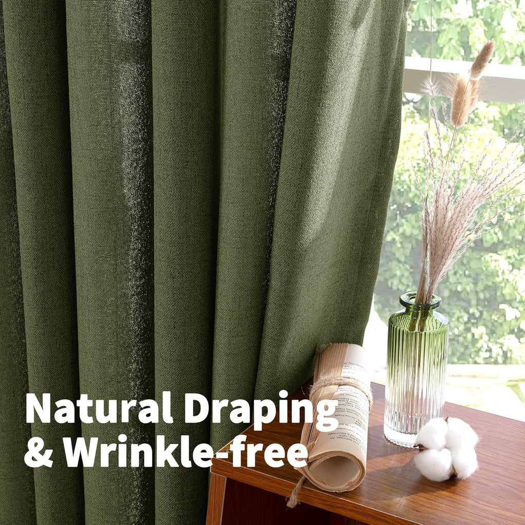 YoungsTex Olive Green Linen Curtains for Living Room 72 Inch Length, Light Filtering Rod Pocket