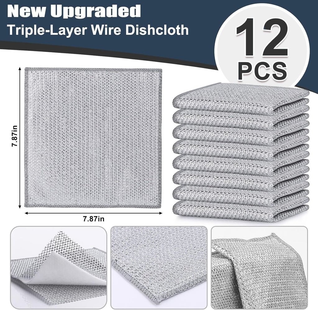 Navona 12 Pcs New Upgrade Steel Wire Dishcloth,Triple-Layer Steel Wire Cleaning Cloth,Powerful