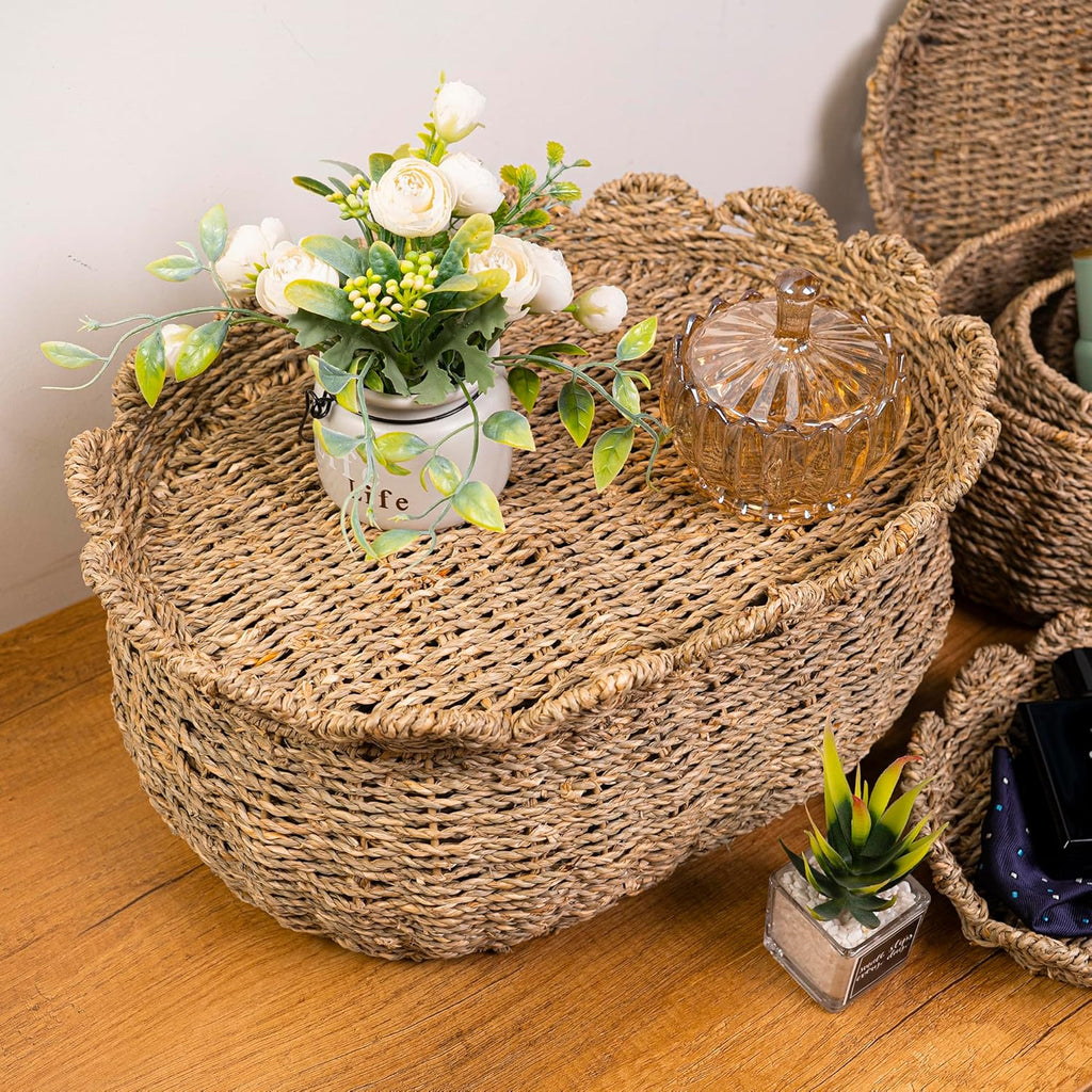 KOLWOVEN Set of 3 Wicker Storage Baskets with Lid - Decorative Handwoven Rattan Baskets for