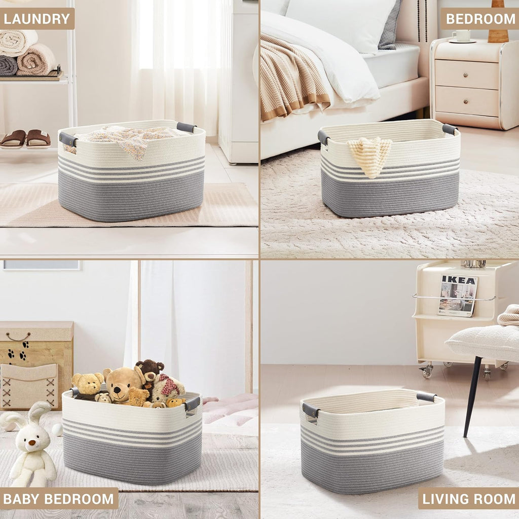60L Large Laundry Basket with Leather Handles for Living Room Storage, Woven Rope Baskets Bin for