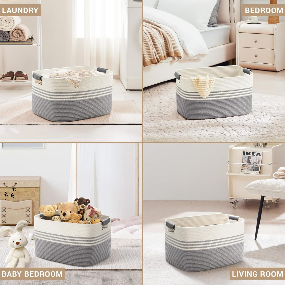 72L Large Laundry Basket with Leather Handles for Living Room Storage, Woven Rope Baskets Bin for