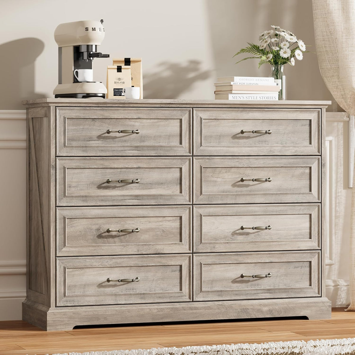 8 Drawer Dresser for Bedroom, 47" Wide Wooden Chest of Drawers, Rustic Farmhouse Dresser with Large